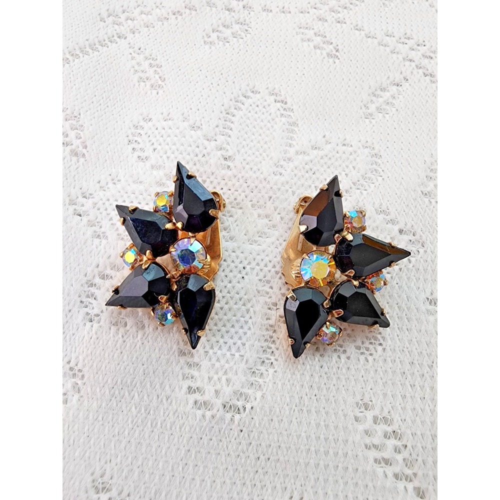 Vintage Starburst Earrings Mid Century Glam Aurora Borealis Rhinestone Clip On